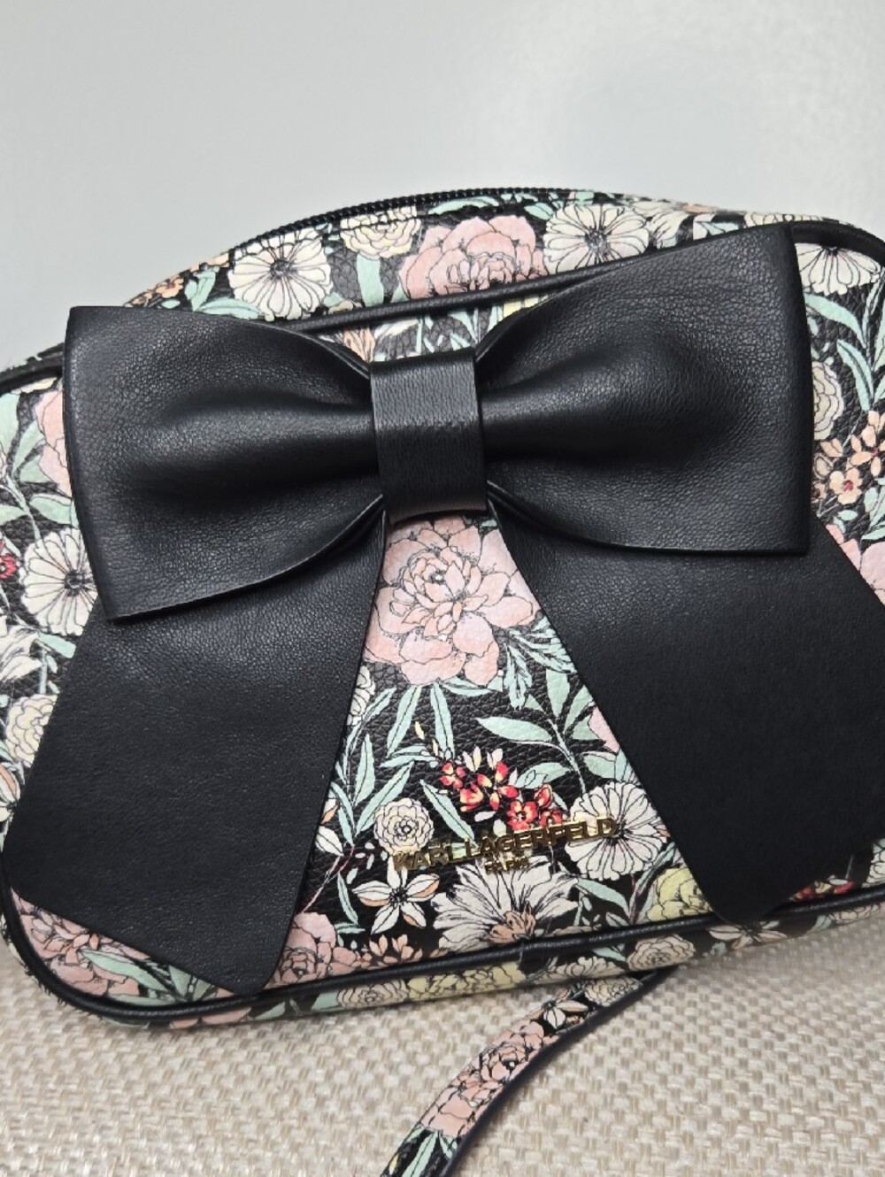 Karl Lagerfeld Paris Floral Bow Crossbody Bag - Black with Pastel Floral Print - Picture 8 of 8